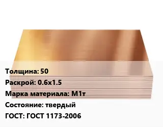 Медный лист 50 0.6х1.5 Марка: М1т твердый ГОСТ 1173-2006